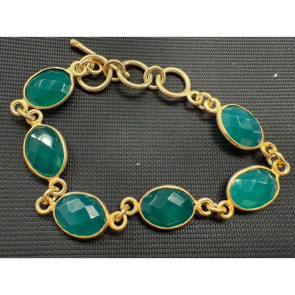 Vintage TEAL BLUE Green FACETED GLASS BRACELET Gold Tone 8" Long‎